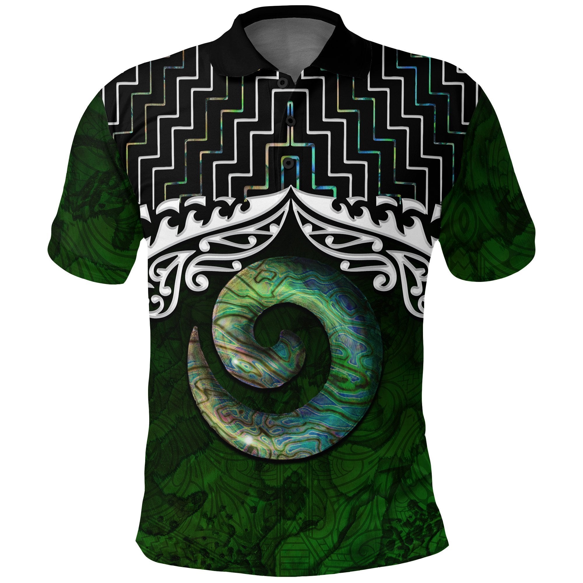 New Zealand Maori Polo Shirt, Poutama Koru Paua Shell Golf Shirt Unisex Black - Polynesian Pride