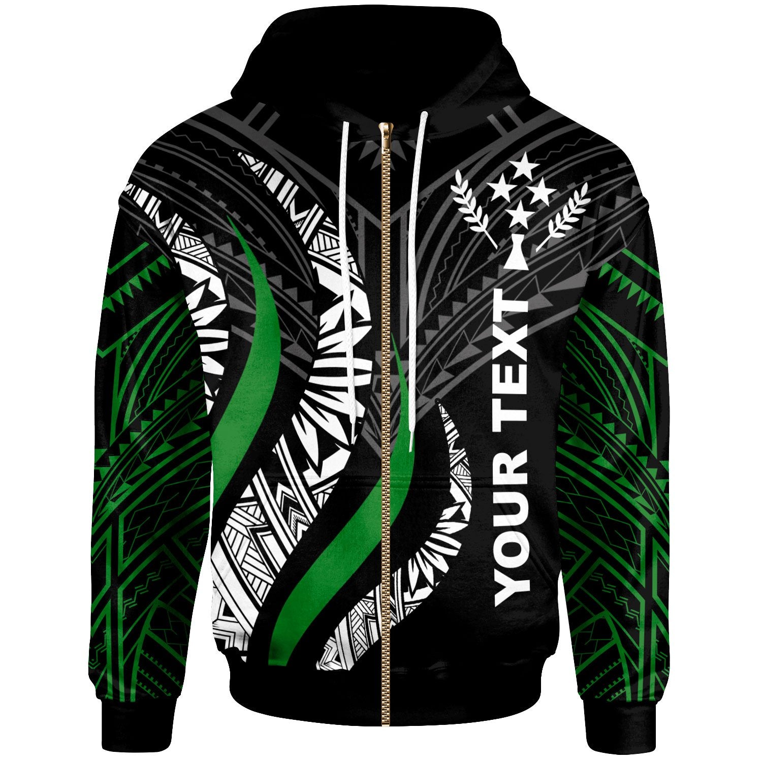 Kosrae Custom Zip Hoodie Kosrae Strong Fire Pattern Green Unisex Black - Polynesian Pride