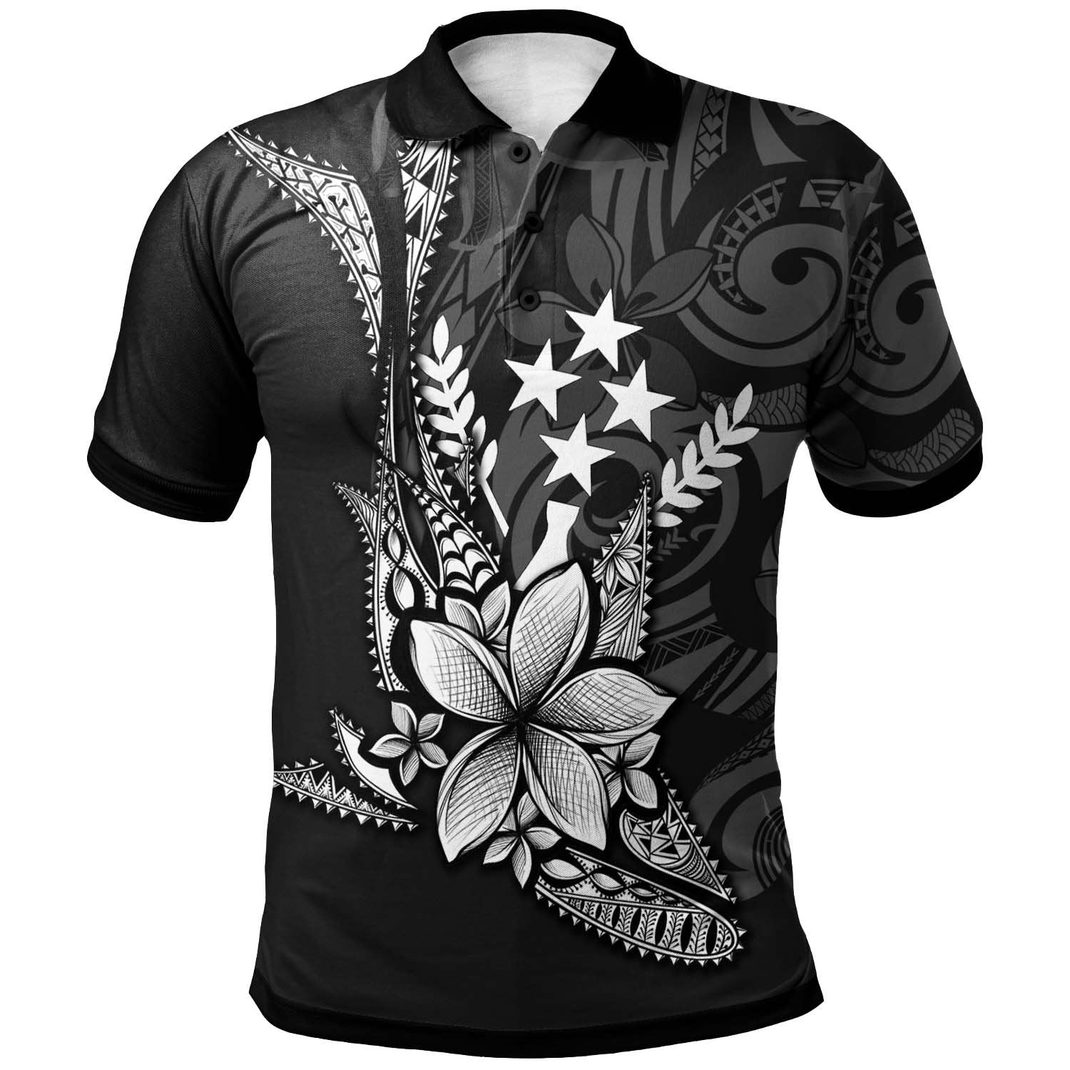 Kosrae Polo Shirt Fish With Plumeria Flowers Style Unisex Black - Polynesian Pride