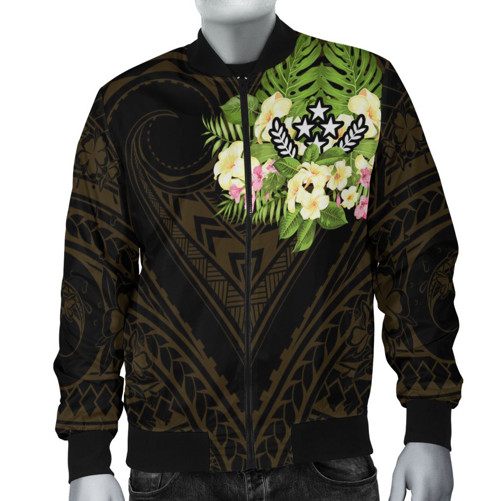 Kosrae State Men's Bomber Jacket - Polynesian Gold Patterns Collection Black - Polynesian Pride