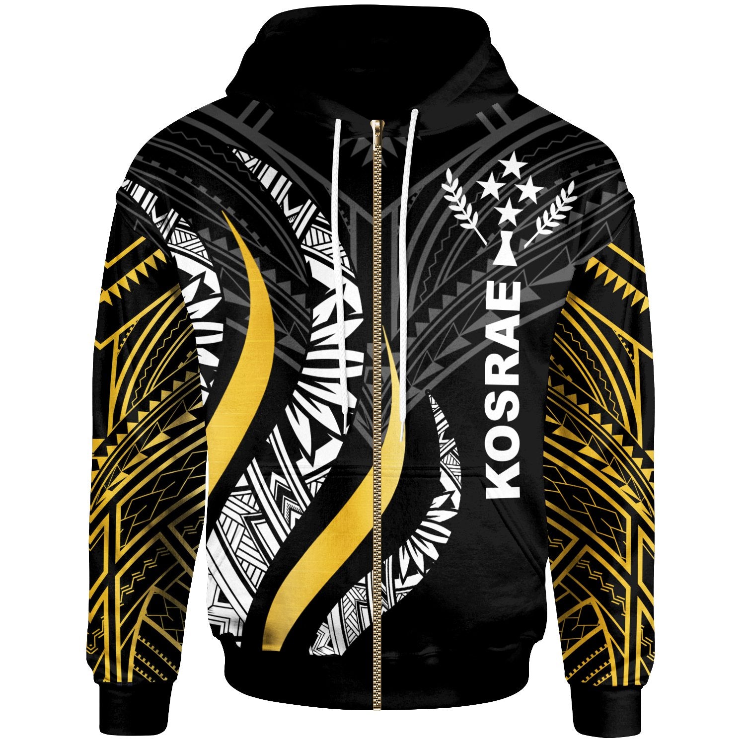 Kosrae Zip Hoodie Kosrae Strong Fire Pattern Gold Unisex Black - Polynesian Pride