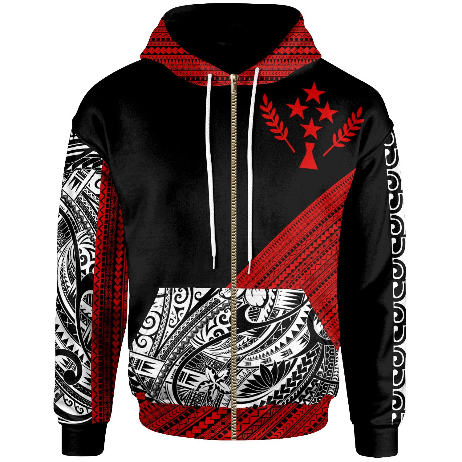 Kosrae Custom Zip Hoodie Diagonal Pattern White Red Unisex Black - Polynesian Pride