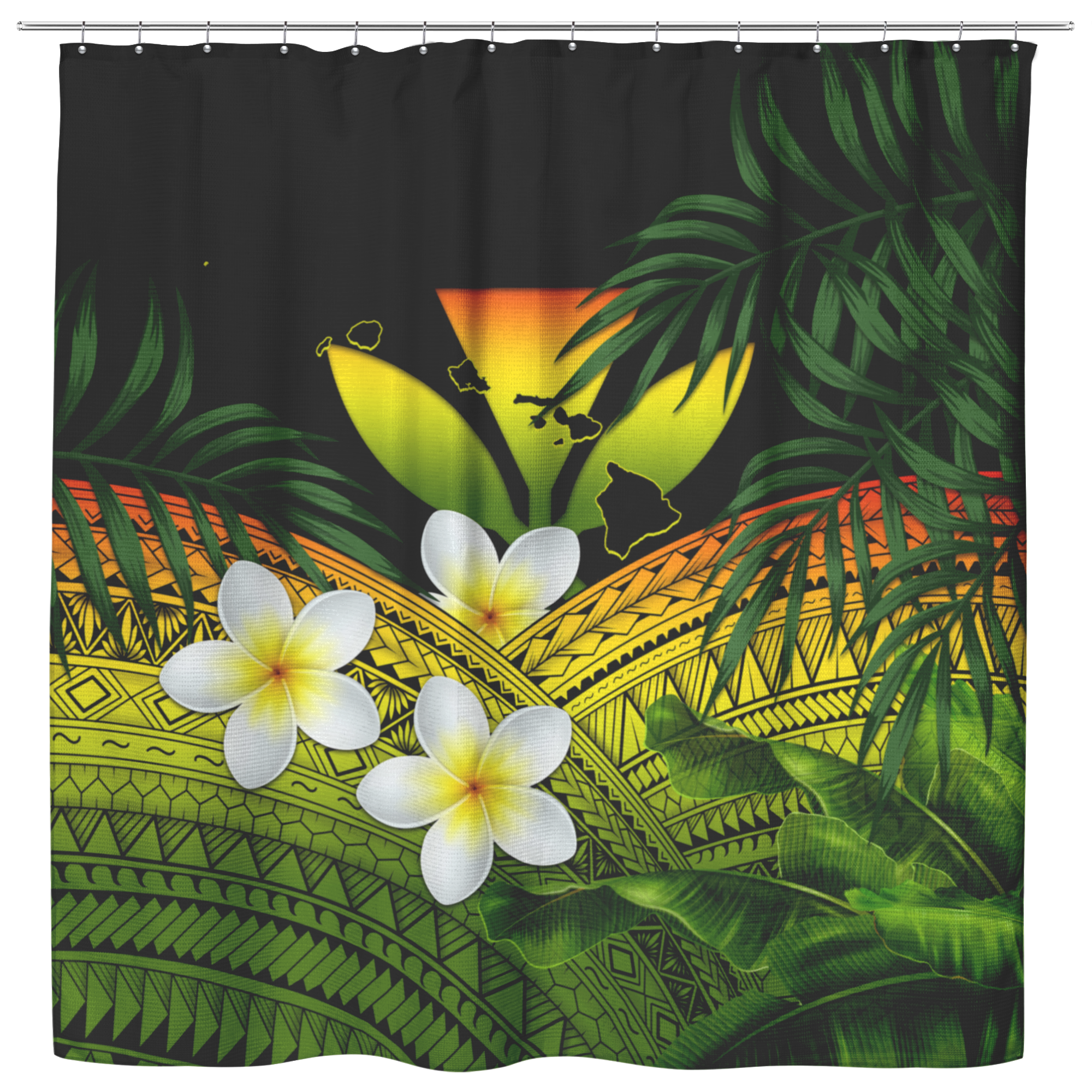 Kanaka Maoli (Hawaiian) Shower Curtain, Polynesian Plumeria Banana Leaves Reggae A02 (Teelanch) Shower Curtain Art - Polynesian Pride