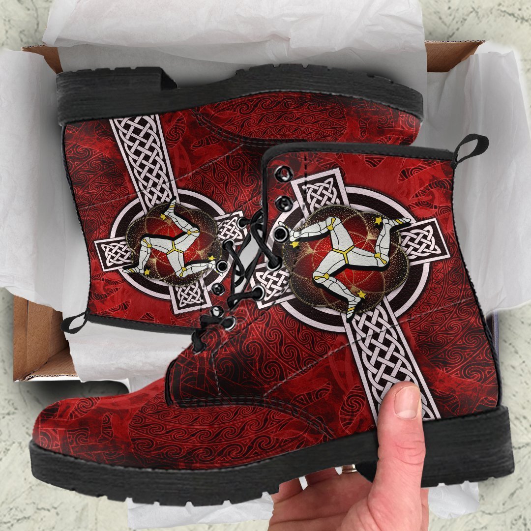 Isle Of Man Celtic Leather Boots - Celtic Cross & Triskele Skew Style Black - Polynesian Pride