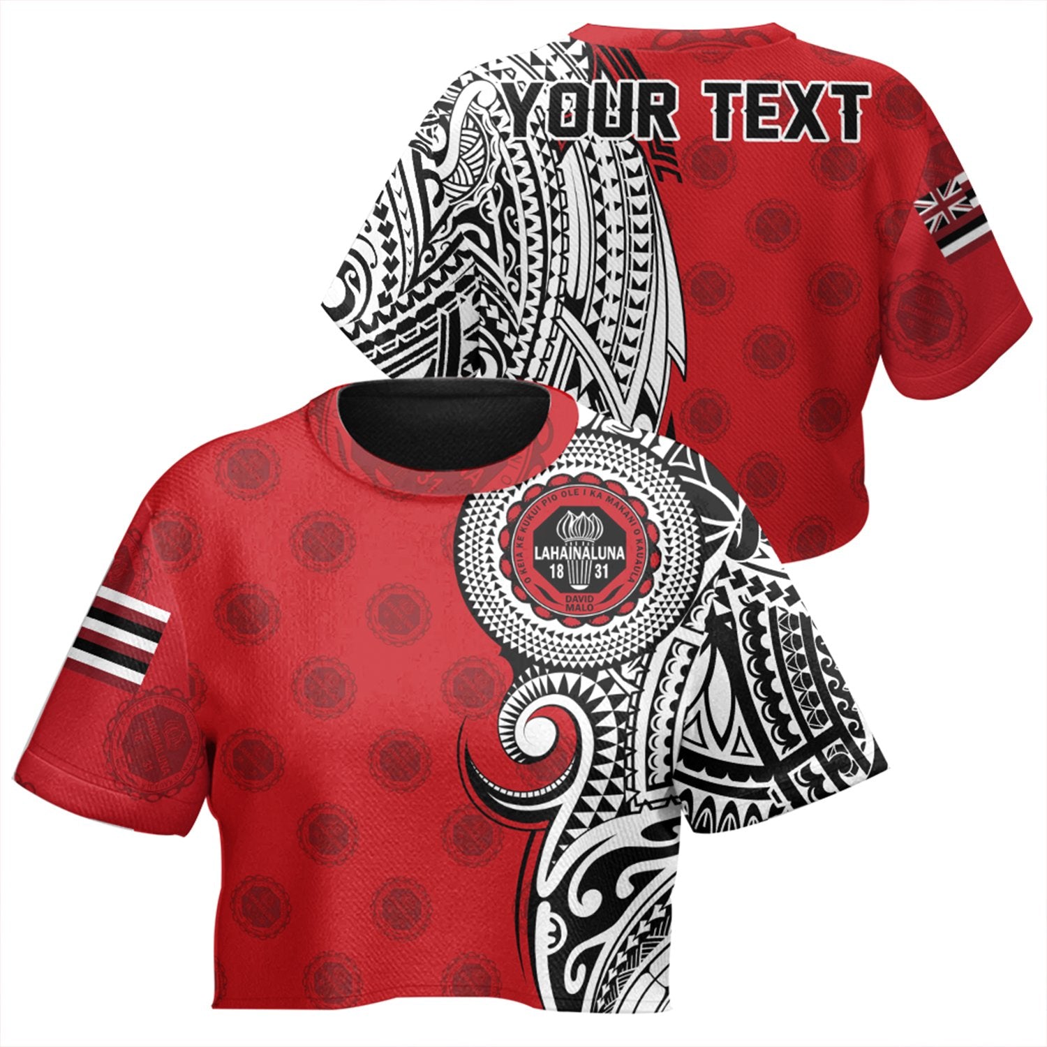 (Personalised) Hawaii - Lahainaluna High Tribal Kakau All - over Print Crop Top T-shirt AH Female Red - Polynesian Pride