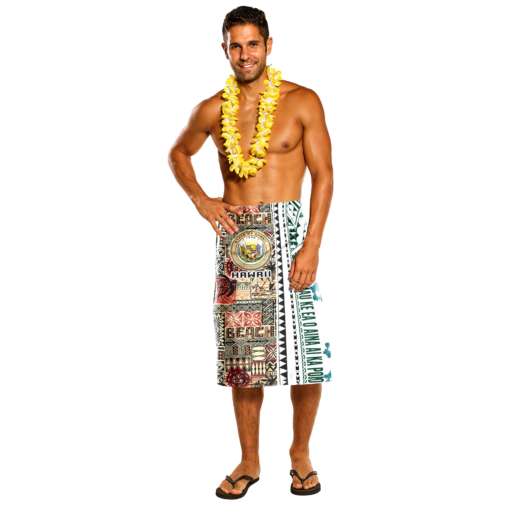 Hawaii Lavalava - Hawaiian Style Tapa Polynesian Tribal Patterns With Hawaii Seal And Kanaka Maoli Flag One Size White - Polynesian Pride