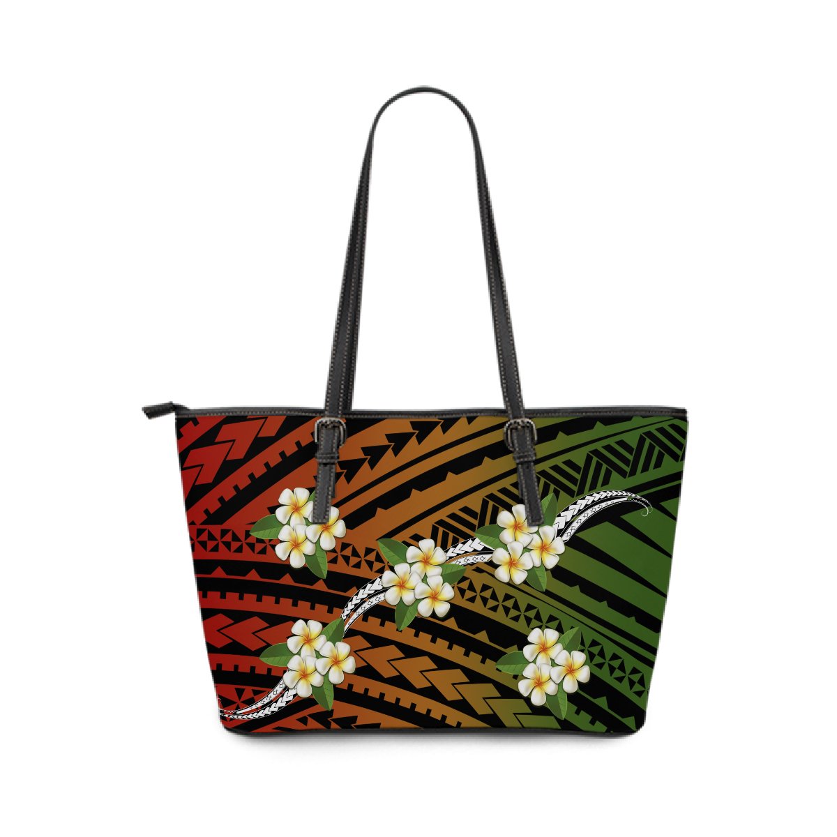 Hawaii Plumeria Flower Polynesian Tribal Leather Tote - Glad Style - AH Black - Polynesian Pride