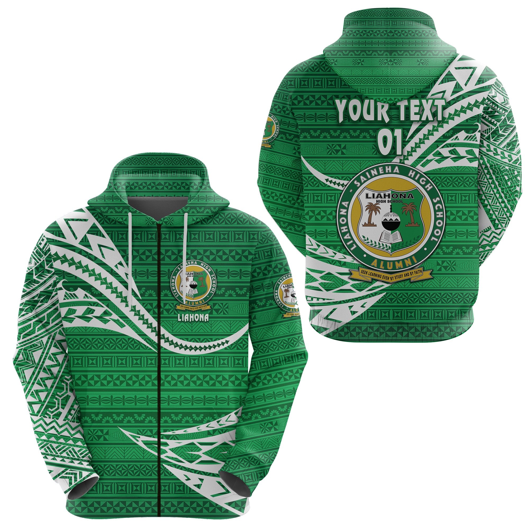 Custom Liahona High School Zip Hoodie Unique Version Green, Custom Text and Number Unisex Green - Polynesian Pride