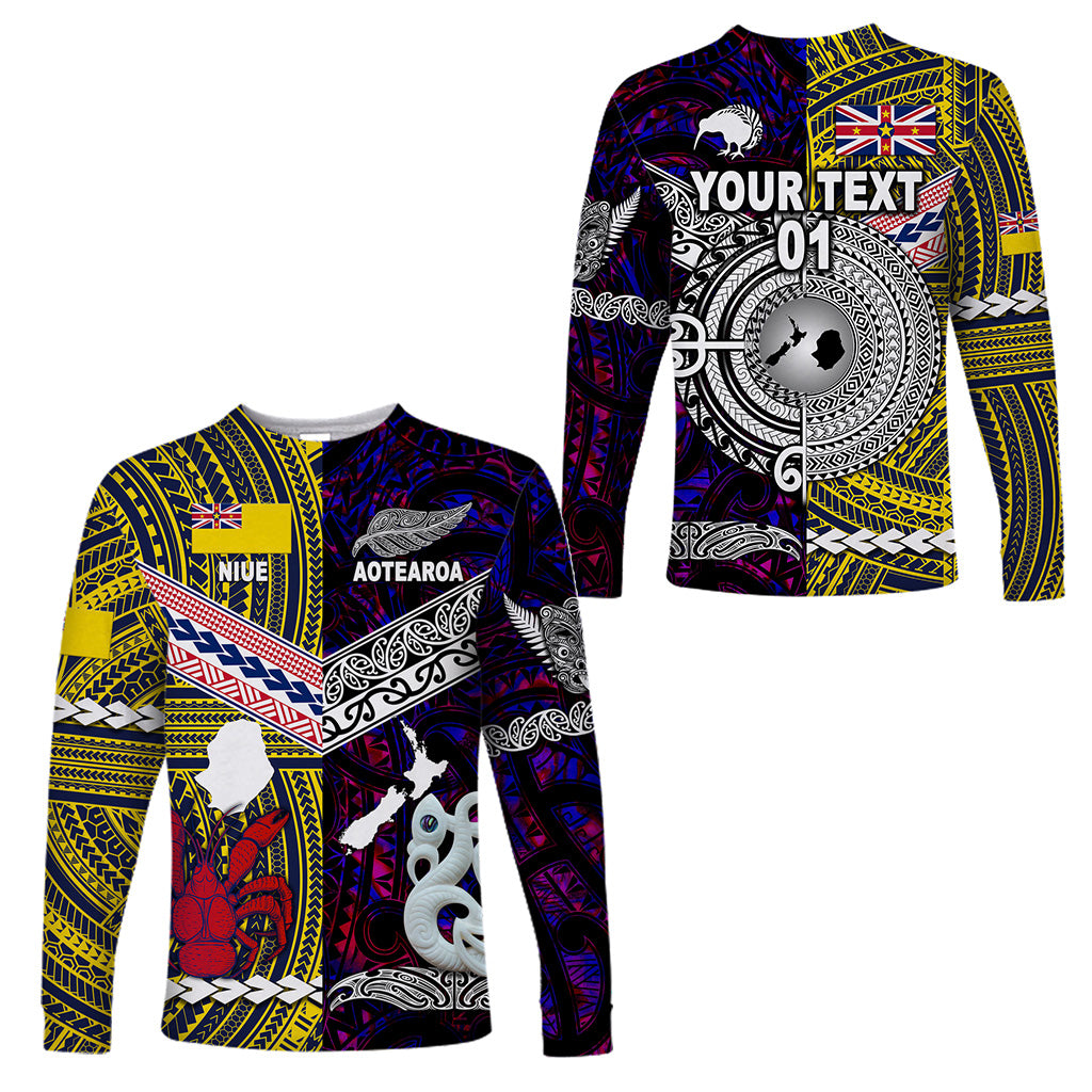 (Custom Personalised) New Zealand Maori Aotearoa And Niue Together Long Sleeve Shirts - Purple, Custom Text And Number LT8 Unisex Yellow - Polynesian Pride