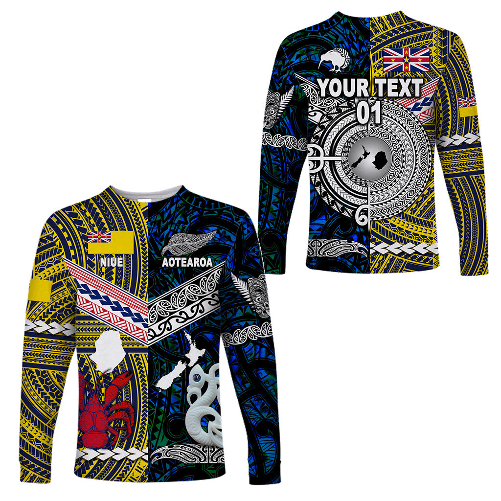 (Custom Personalised) New Zealand Maori Aotearoa And Niue Together Long Sleeve Shirts - Blue, Custom Text And Number LT8 Unisex Yellow - Polynesian Pride