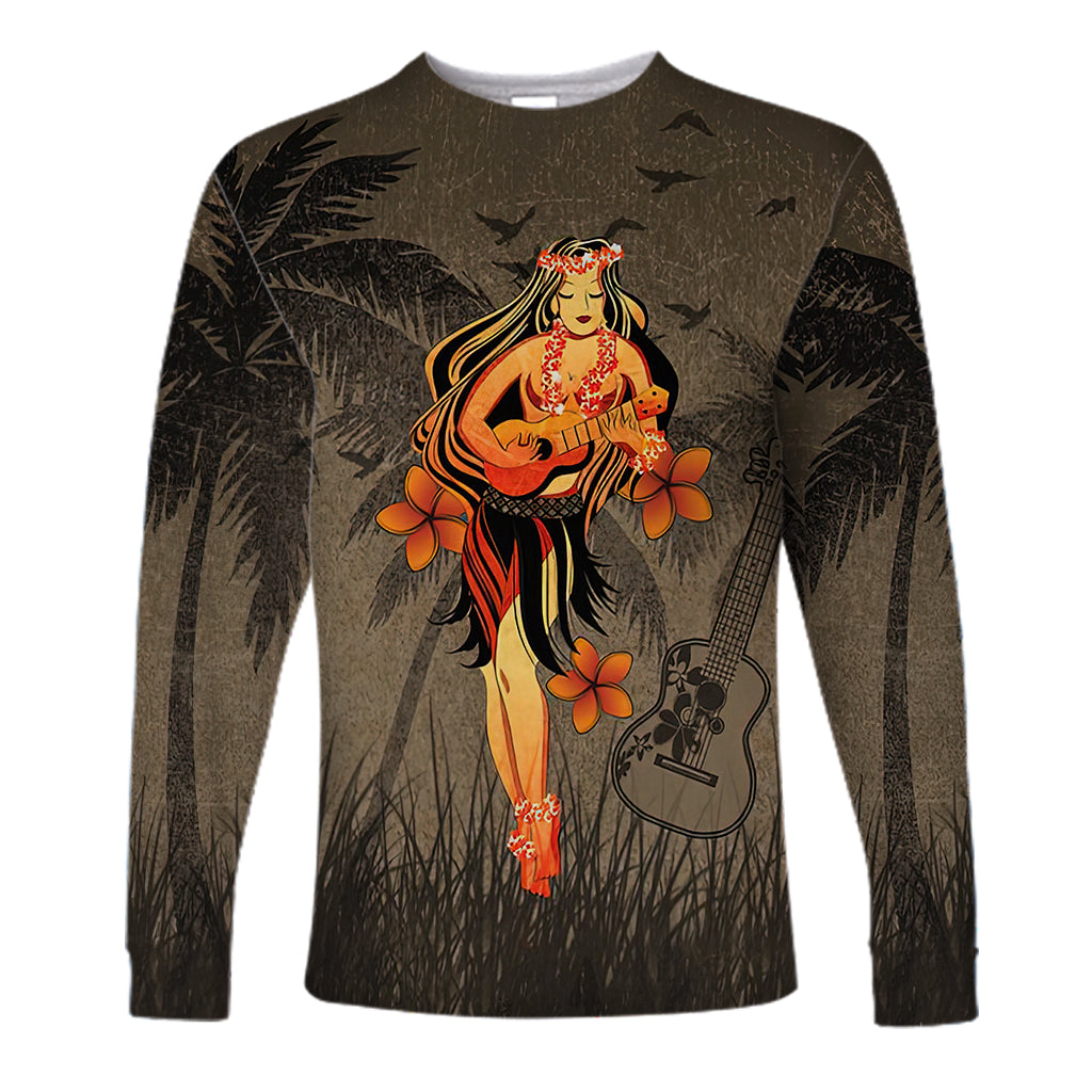 Hawaii Hula Girl Ukulele Plumeria Long Sleeve Shirts Unisex Brown - Polynesian Pride