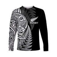 Maori Rugby Long Sleeve Shirt Tattoo Mix Fern Leaf LT6 Unisex Black - Polynesian Pride