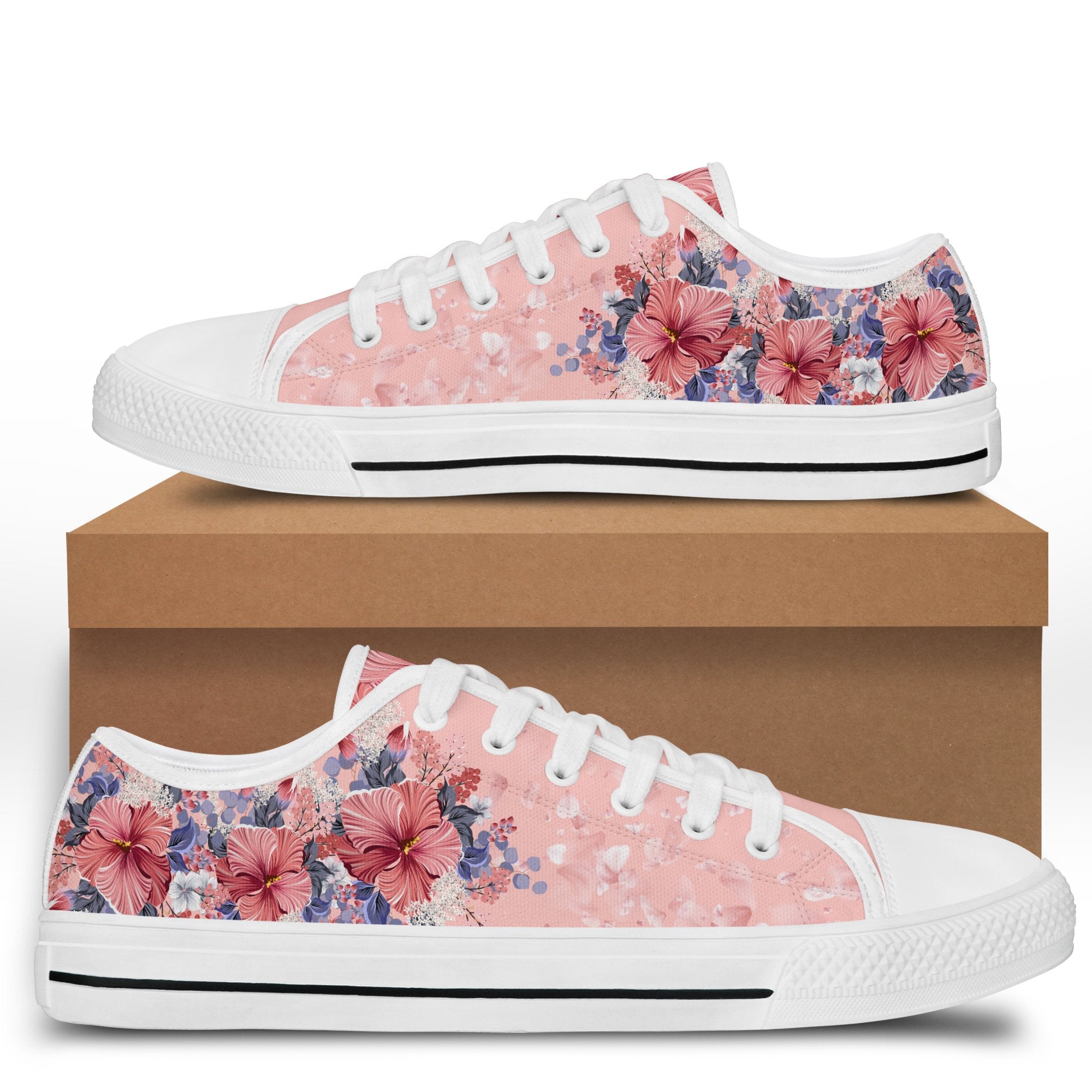 Hawaii Pink Hibiscus Falling Petals Low Top Shoes - Glamour Style - AH - Polynesian Pride