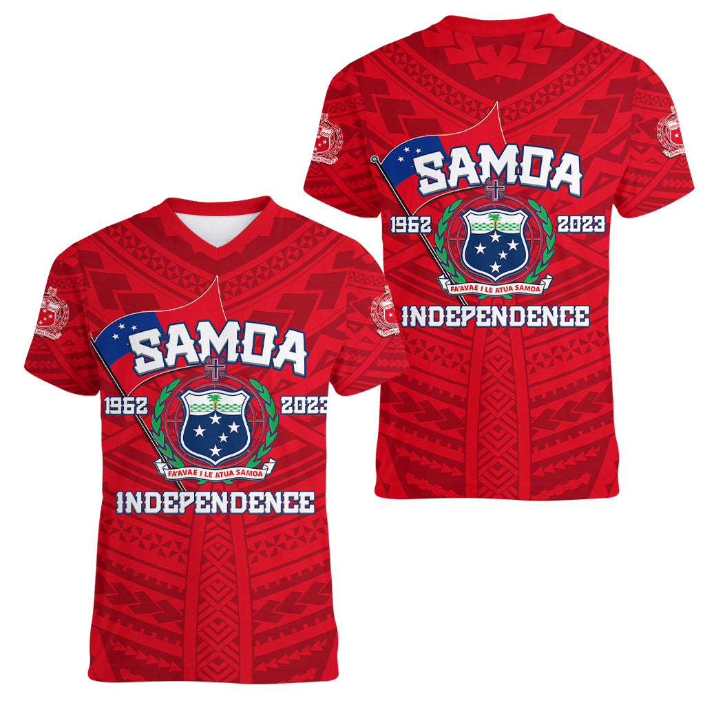 Samoa Independence Women V Neck T Shirt 2023 Red Style LT6 Female Red - Polynesian Pride