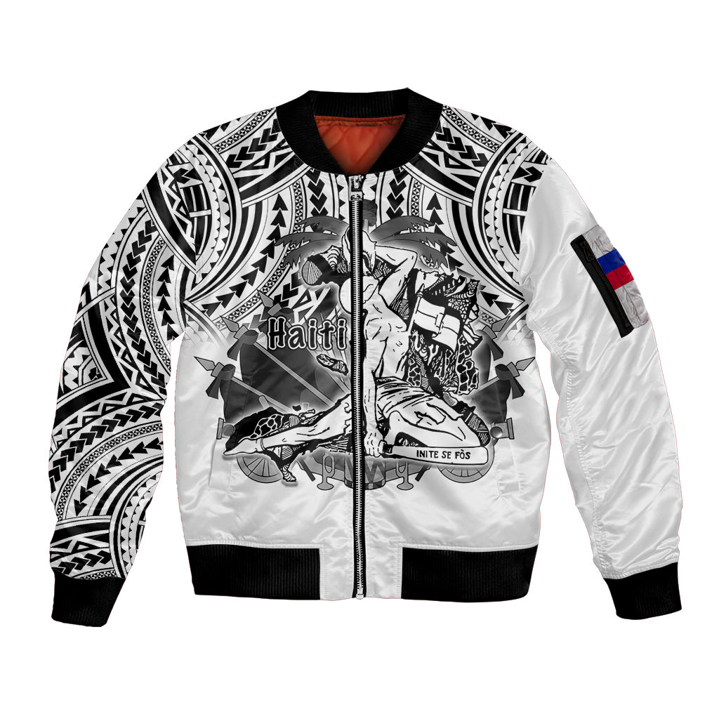 (Custom Personalised) Haiti Sleeve Zip Bomber Jacket Polynesian Neg Maron White Style LT6 Unisex White - Polynesian Pride