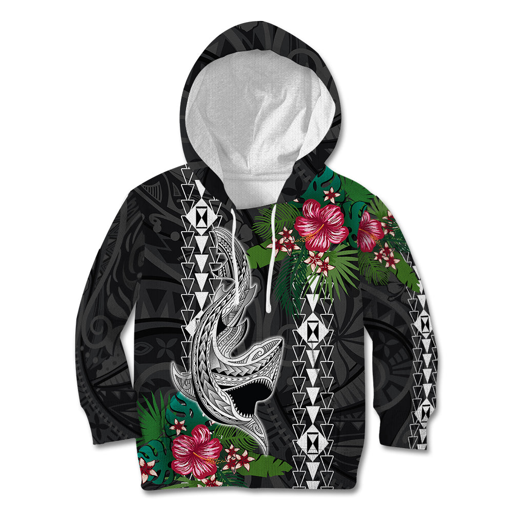 Hawaii Kakau Kid Hoodie Mix Sharks Polynesian Hibiscus LT6 Black - Polynesian Pride