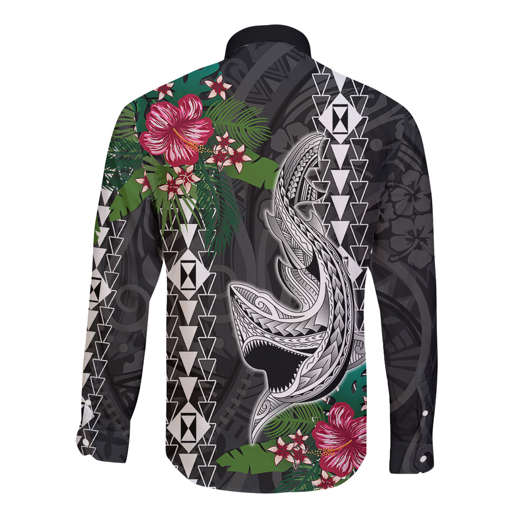 Hawaii Kakau Long Sleeve Button Shirt Mix Sharks Polynesian Hibiscus LT6 - Polynesian Pride