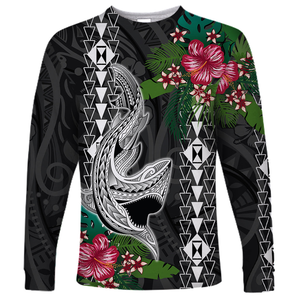 Hawaii Kakau Long Sleeve Shirt Mix Sharks Polynesian Hibiscus LT6 Unisex Black - Polynesian Pride