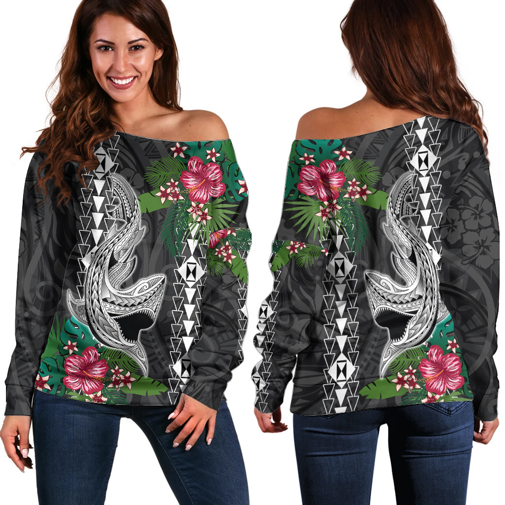 Hawaii Kakau Off Shoulder Sweater Mix Sharks Polynesian Hibiscus LT6 Women Black - Polynesian Pride