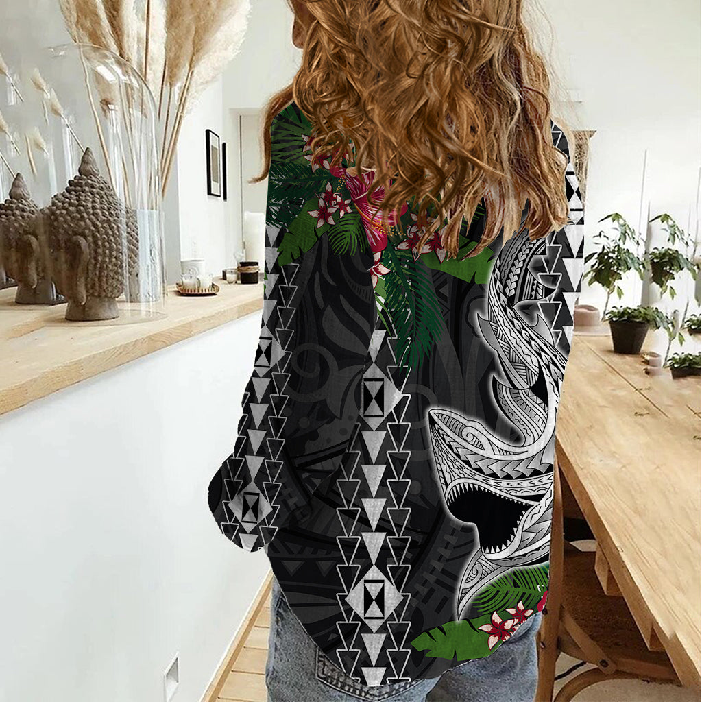 Hawaii Kakau Women Casual Shirt Mix Sharks Polynesian Hibiscus LT6 - Polynesian Pride