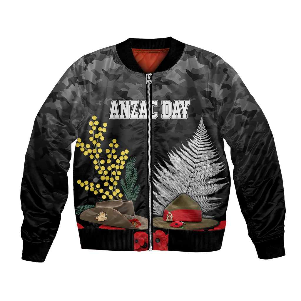 ANZAC DAY Bomber Jacket Camo Style - Slouch Hats Mix Silver Fern Golden Wattle LT7 Unisex Black - Polynesian Pride