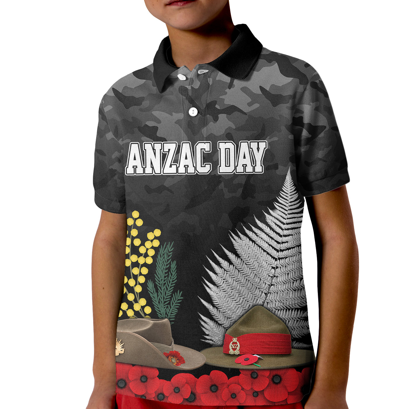 ANZAC DAY Kid Polo Shirt Camo Style - Slouch Hats Mix Silver Fern Golden Wattle LT7 Kid Black - Polynesian Pride