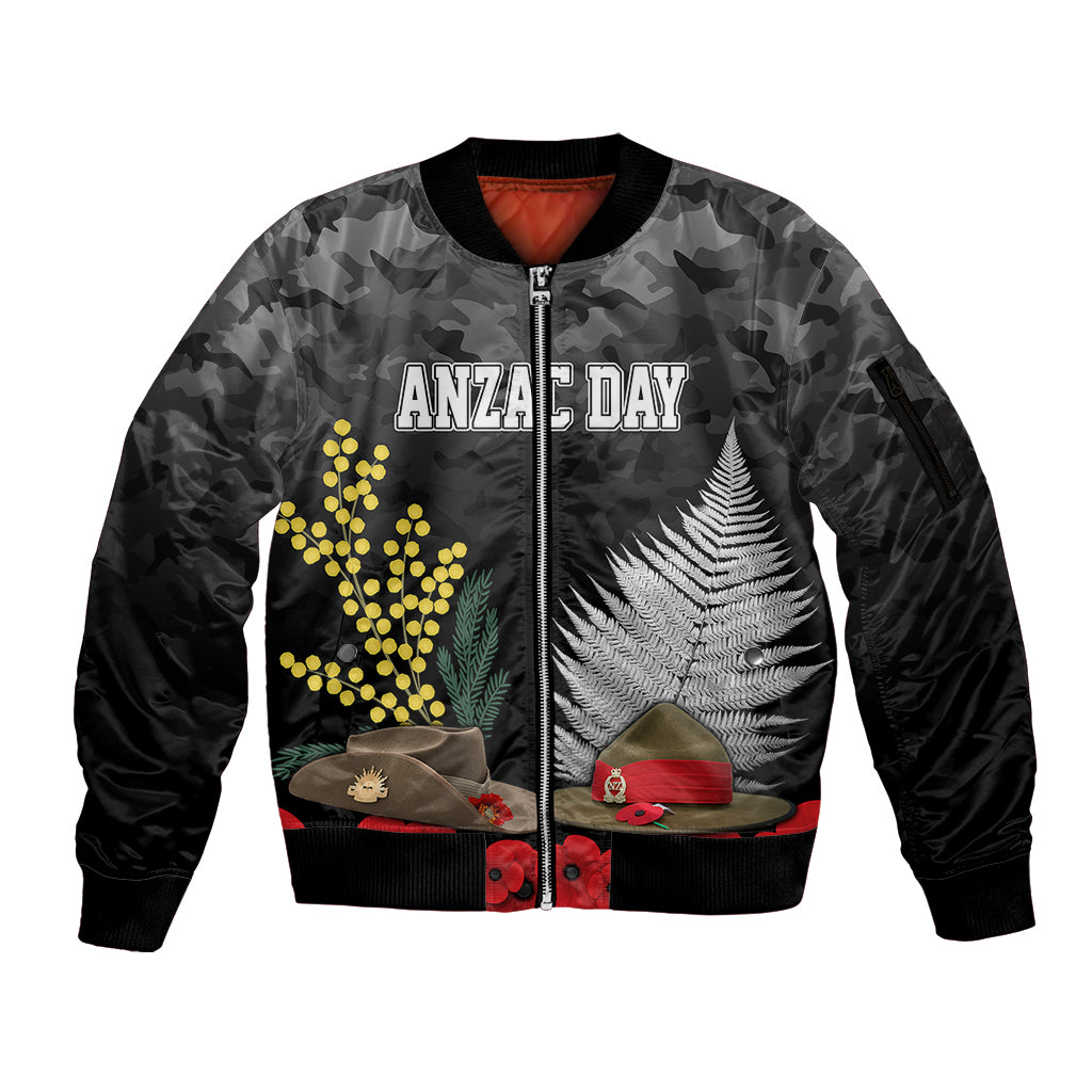 ANZAC DAY Sleeve Zip Bomber Jacket Camo Style - Slouch Hats Mix Silver Fern Golden Wattle LT7 Unisex Black - Polynesian Pride