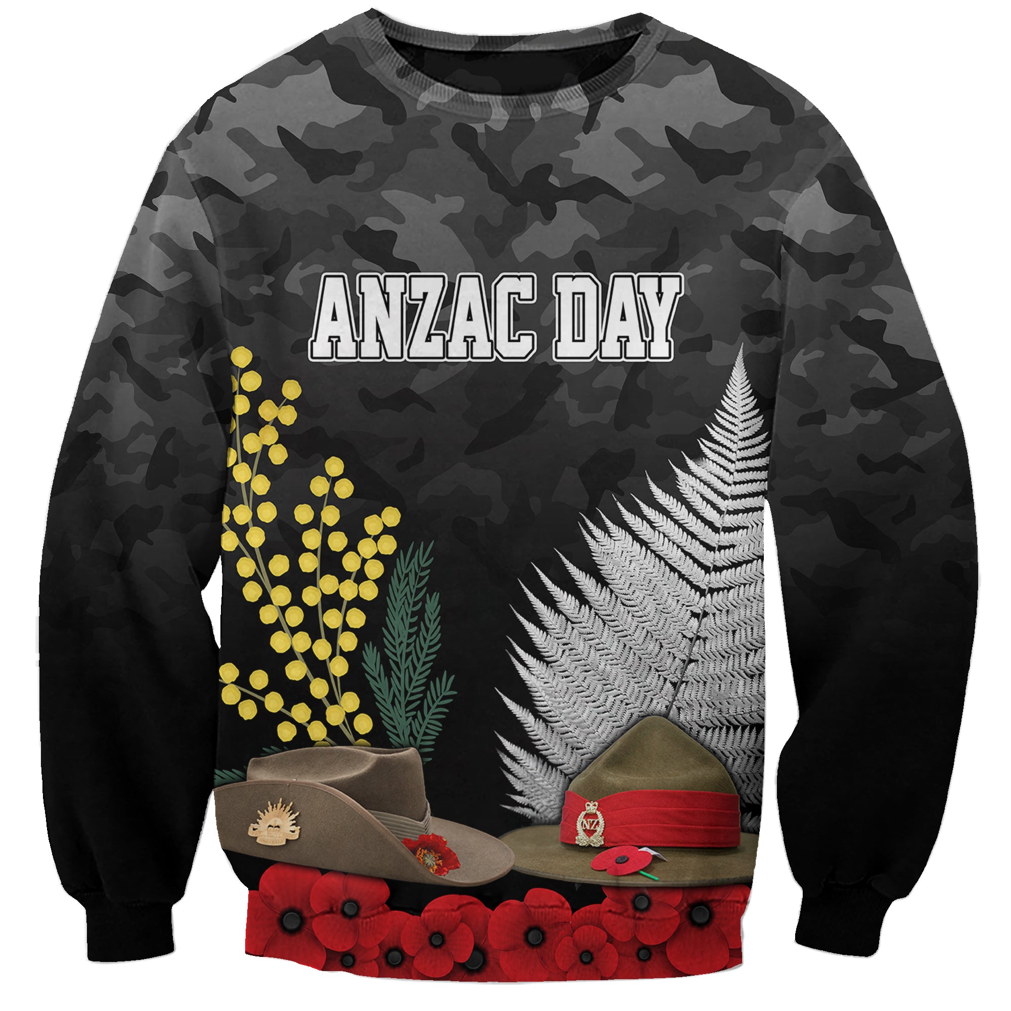 ANZAC DAY Sweatshirt Camo Style - Slouch Hats Mix Silver Fern Golden Wattle LT7 Unisex Black - Polynesian Pride