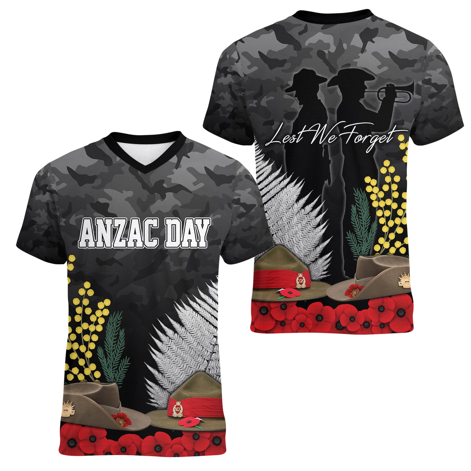 ANZAC DAY Women V Neck T Shirt Camo Style - Slouch Hats Mix Silver Fern Golden Wattle LT7 Female Black - Polynesian Pride