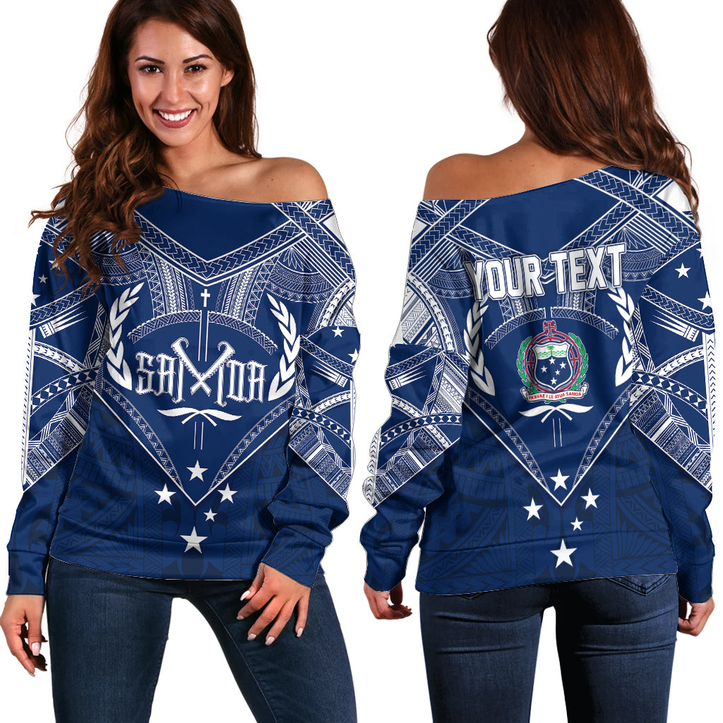 Personalised Samoa Independence Day Off Shoulder Sweater Chest Tattoo Symbolic Style LT7 Women Blue - Polynesian Pride