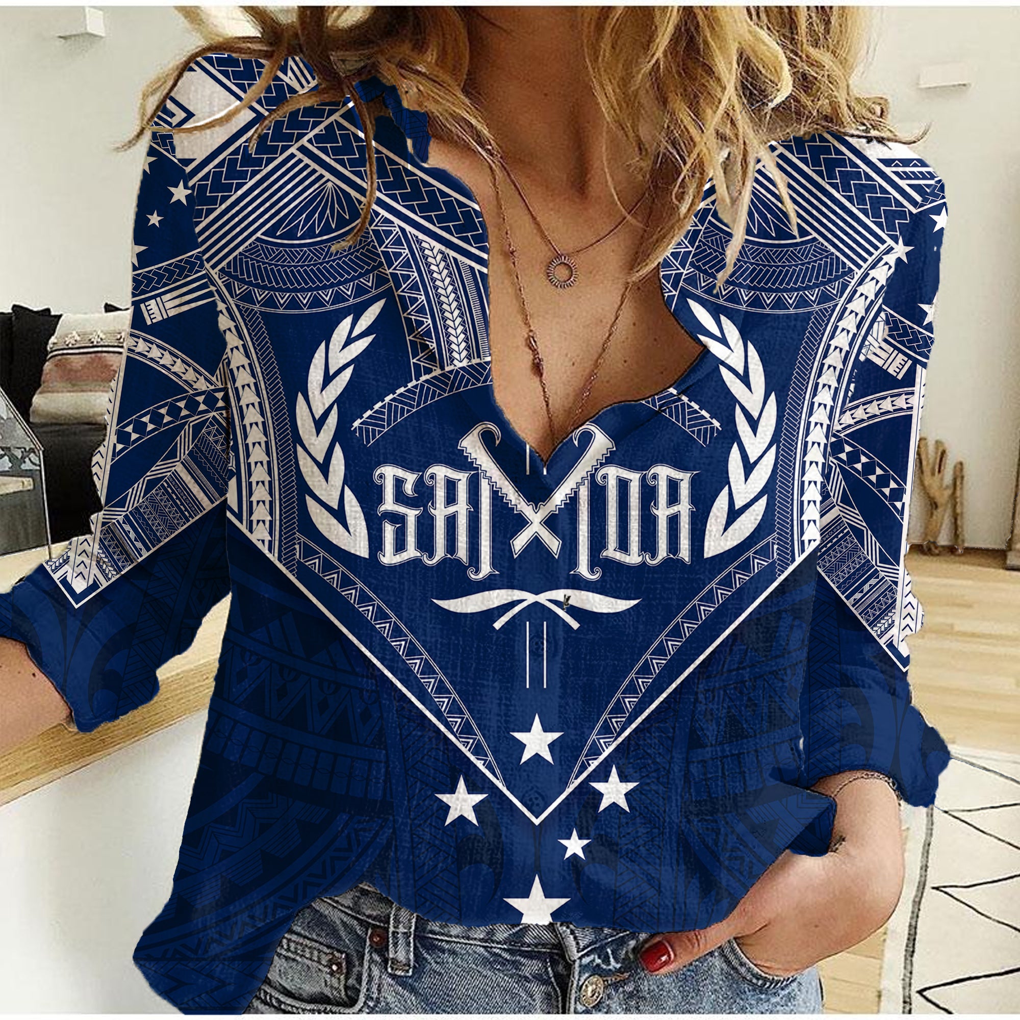 Personalised Samoa Independence Day Women Casual Shirt Chest Tattoo Symbolic Style LT7 Female Blue - Polynesian Pride