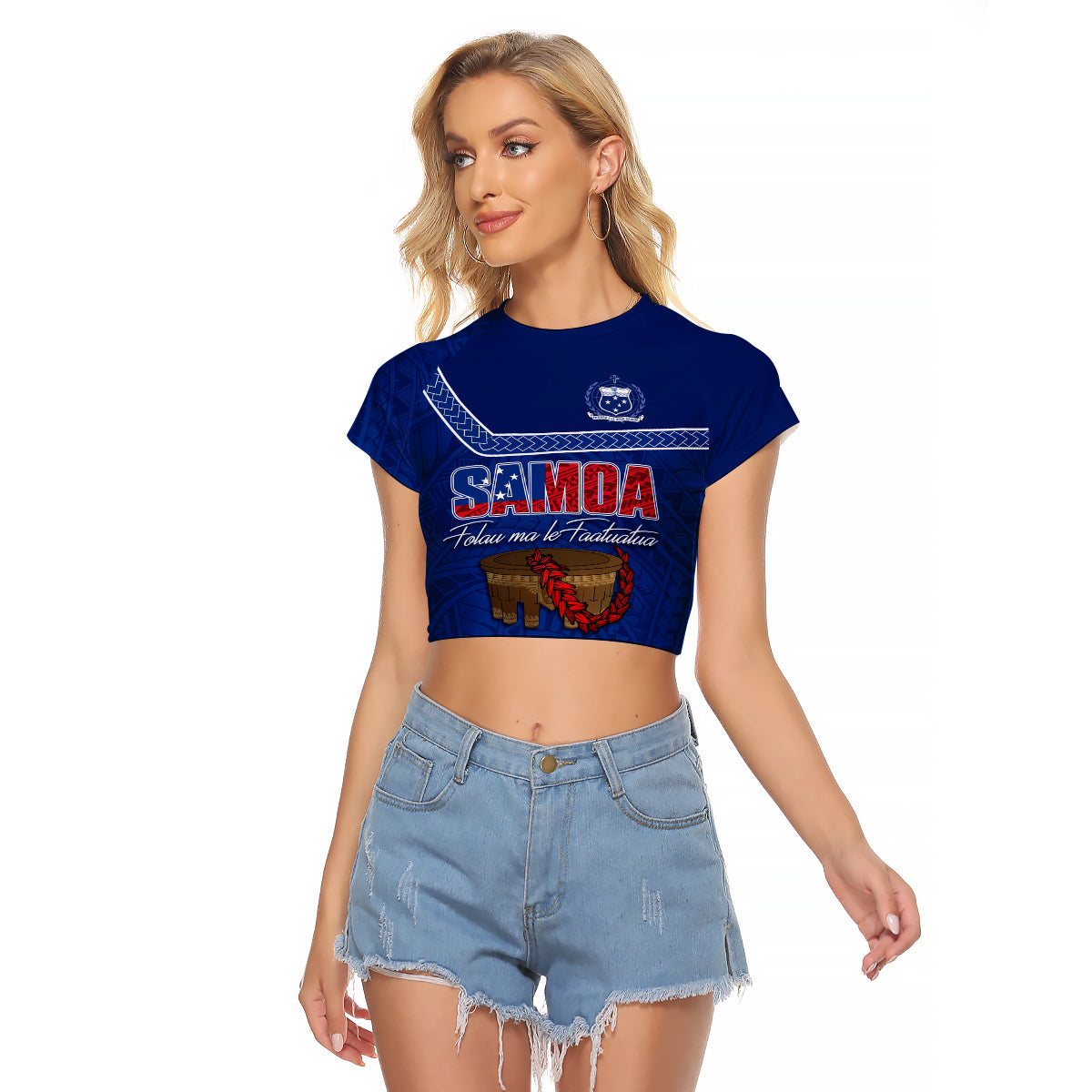 Personalised Samoa Independence Day Raglan Cropped T Shirt Kava And Ula Fala - Sail With Faith LT7 Female Blue - Polynesian Pride