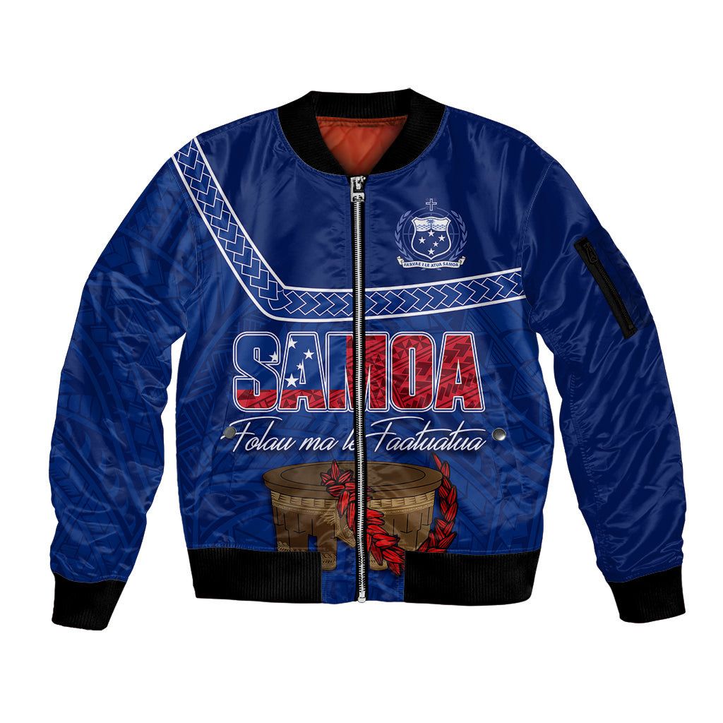 Personalised Samoa Independence Day Sleeve Zip Bomber Jacket Kava And Ula Fala - Sail With Faith LT7 Unisex Blue - Polynesian Pride