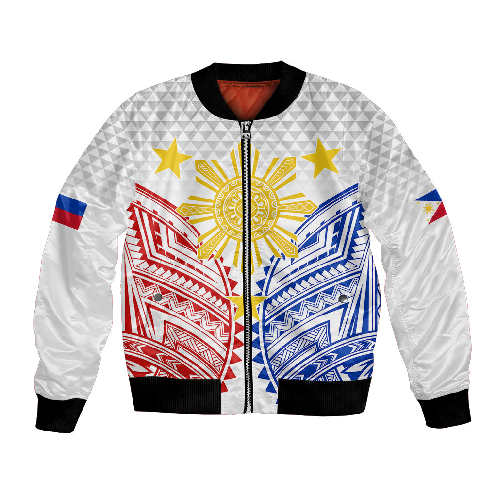 Personalised Philippines Independence Day Bomber Jacket Tribal Sun and Stars Ver 01 LT7 Unisex White - Polynesian Pride