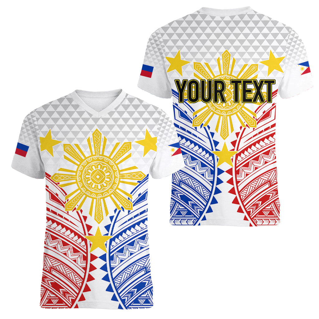 Personalised Philippines Independence Day Women V Neck T Shirt Tribal Sun and Stars Ver 01 LT7 Female White - Polynesian Pride