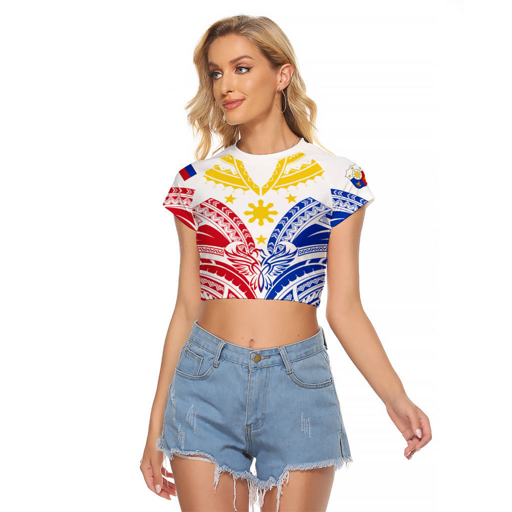 Personalised Philippines Independence Day Raglan Cropped T Shirt Tribal Sun and Stars Ver 02 LT7 Female White - Polynesian Pride