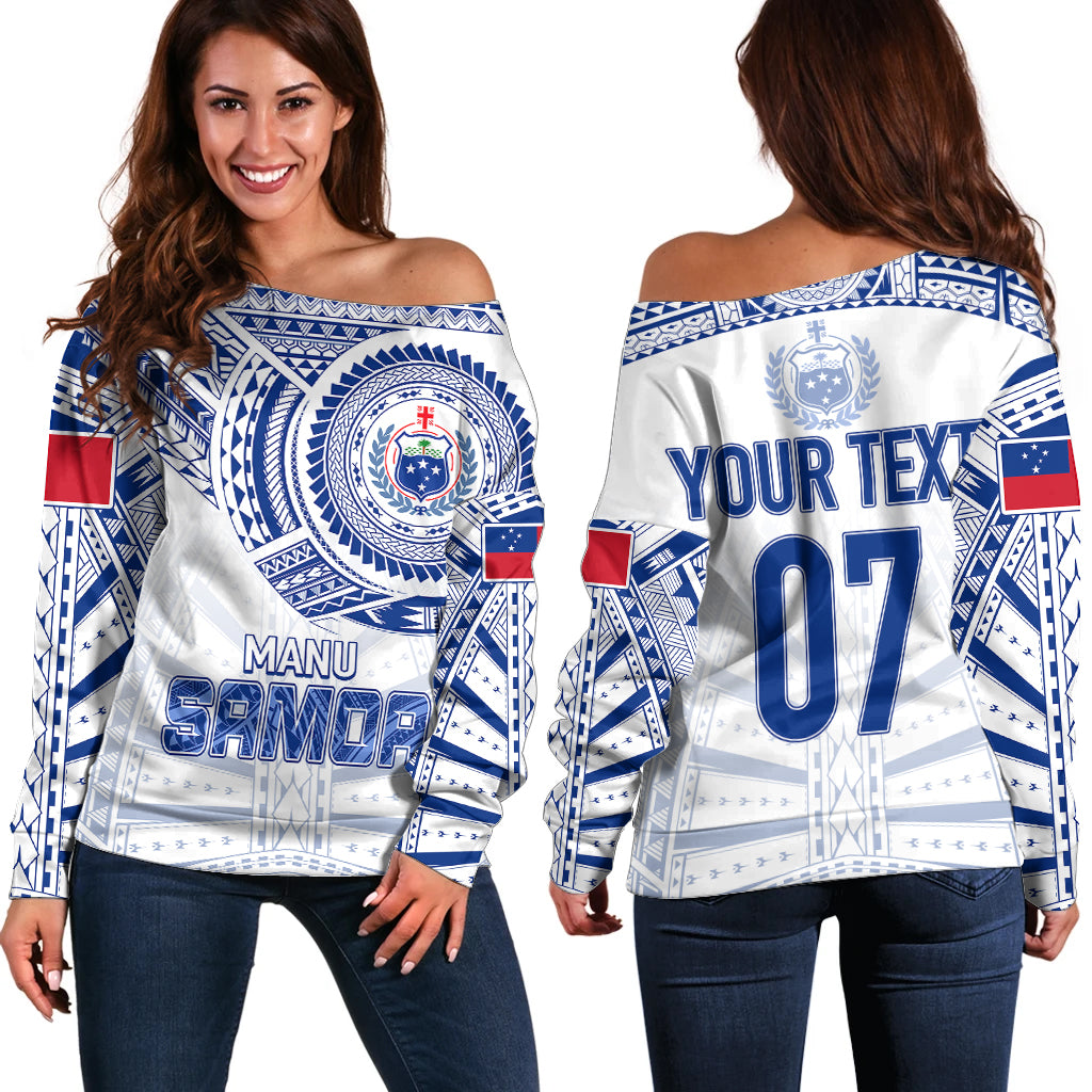 Personalised Samoa Rugby Off Shoulder Sweater Manu Samoa Gradient White LT7 Women White - Polynesian Pride