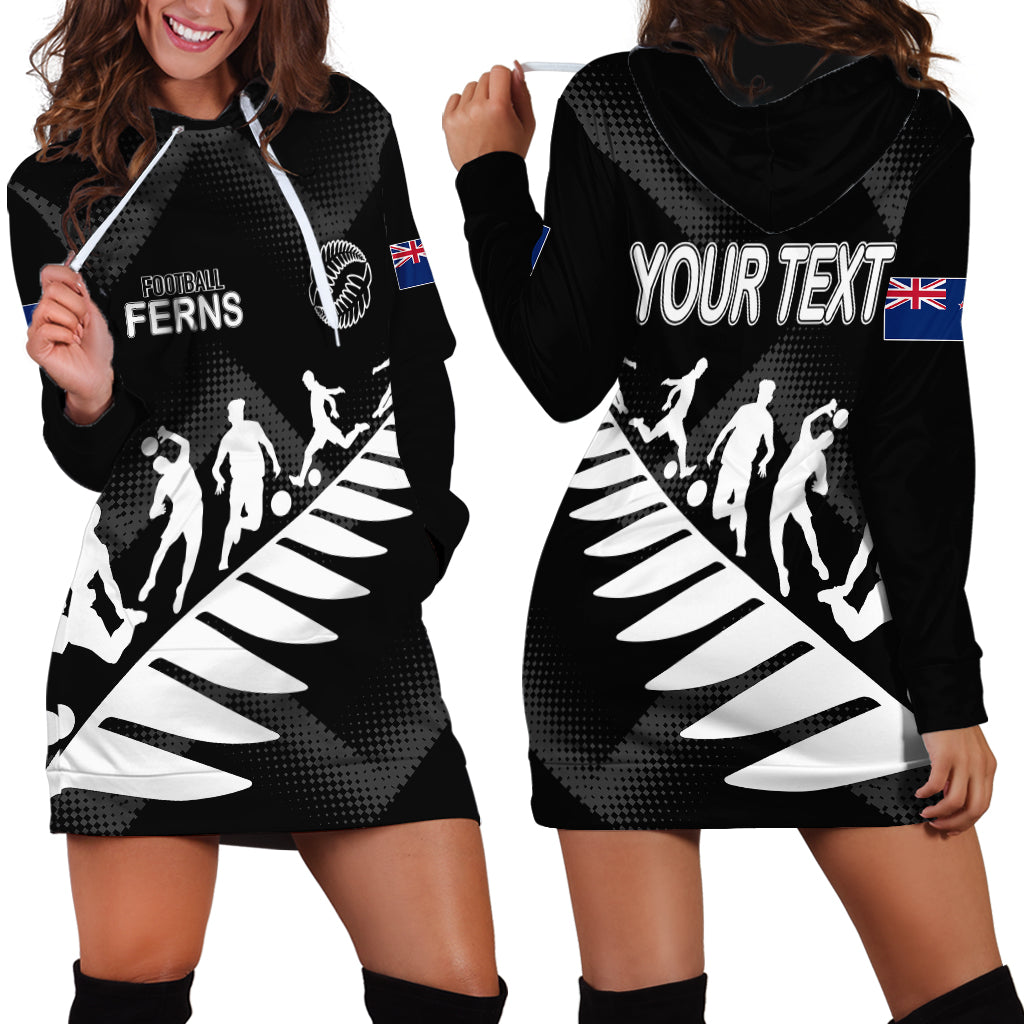 Personalised New Zealand Football Ferns Hoodie Dress Women's World Cup 2023 Sporty Vibes LT7 Black - Polynesian Pride