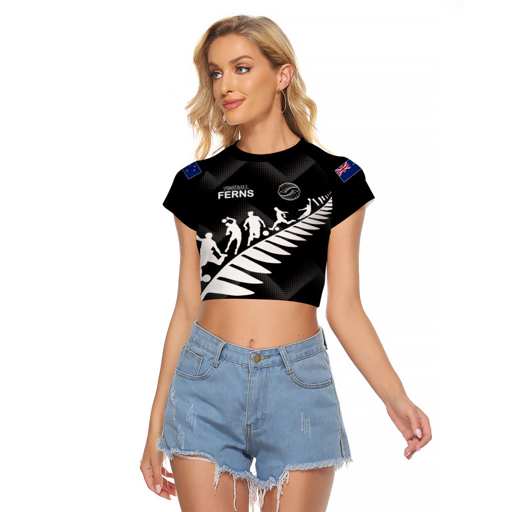 Personalised New Zealand Football Ferns Raglan Cropped T Shirt Women's World Cup 2023 Sporty Vibes LT7 Female Black - Polynesian Pride