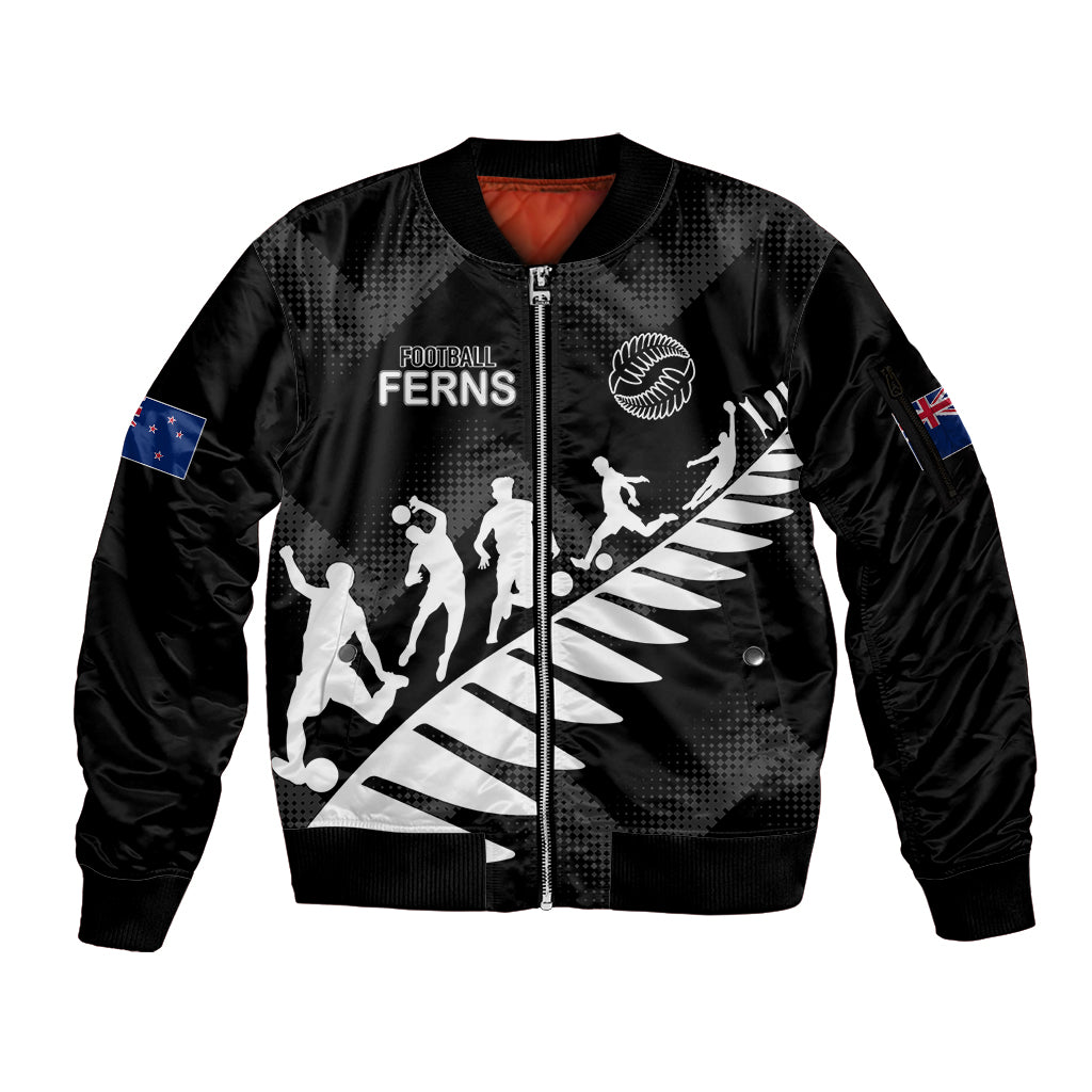 Personalised New Zealand Football Ferns Sleeve Zip Bomber Jacket Women's World Cup 2023 Sporty Vibes LT7 Unisex Black - Polynesian Pride