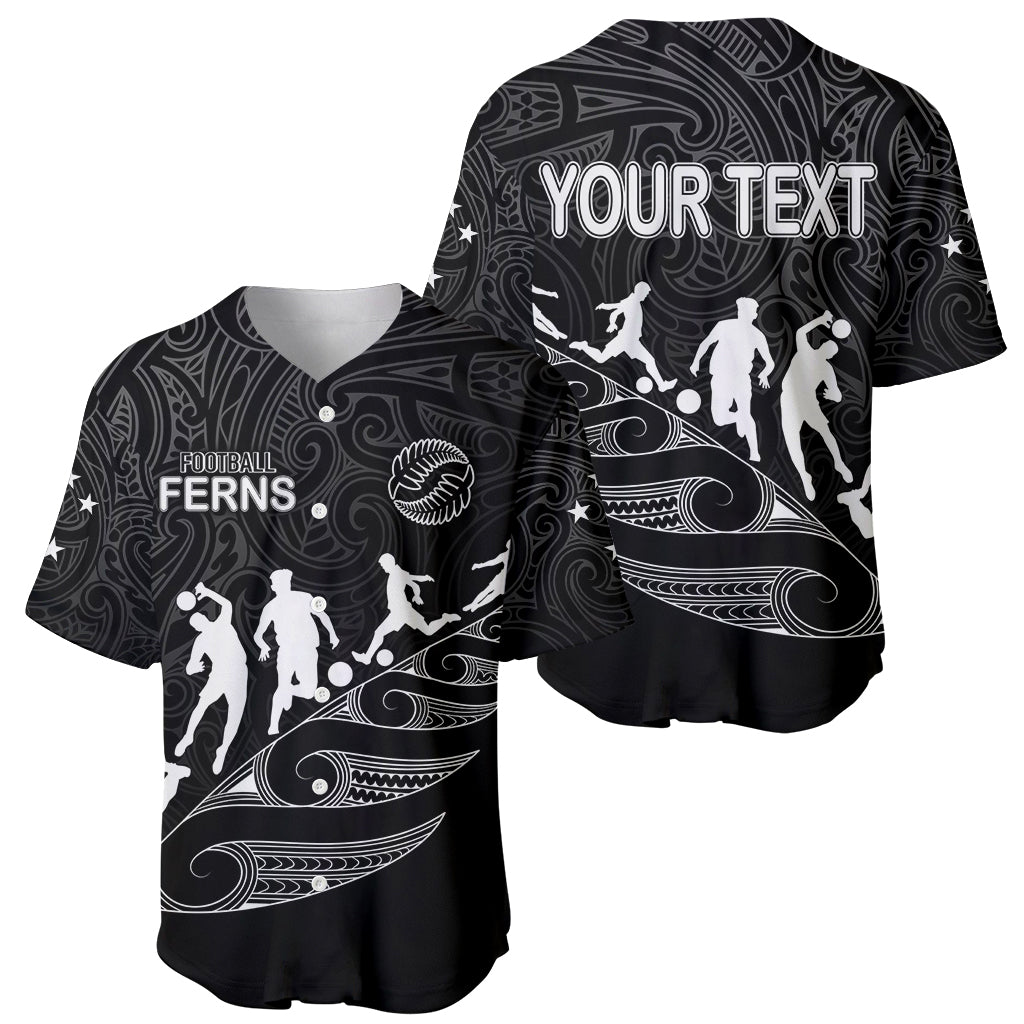 Personalised New Zealand Football Ferns Baseball Jersey Women's World Cup 2023 Tribal Koru Pattern LT7 Black - Polynesian Pride