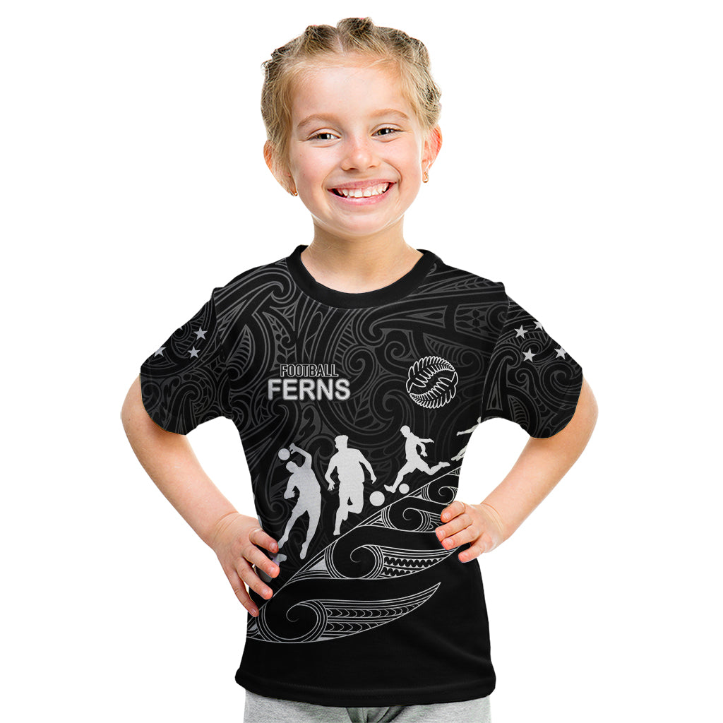 Personalised New Zealand Football Ferns Kid T Shirt Women's World Cup 2023 Tribal Koru Pattern LT7 - Polynesian Pride