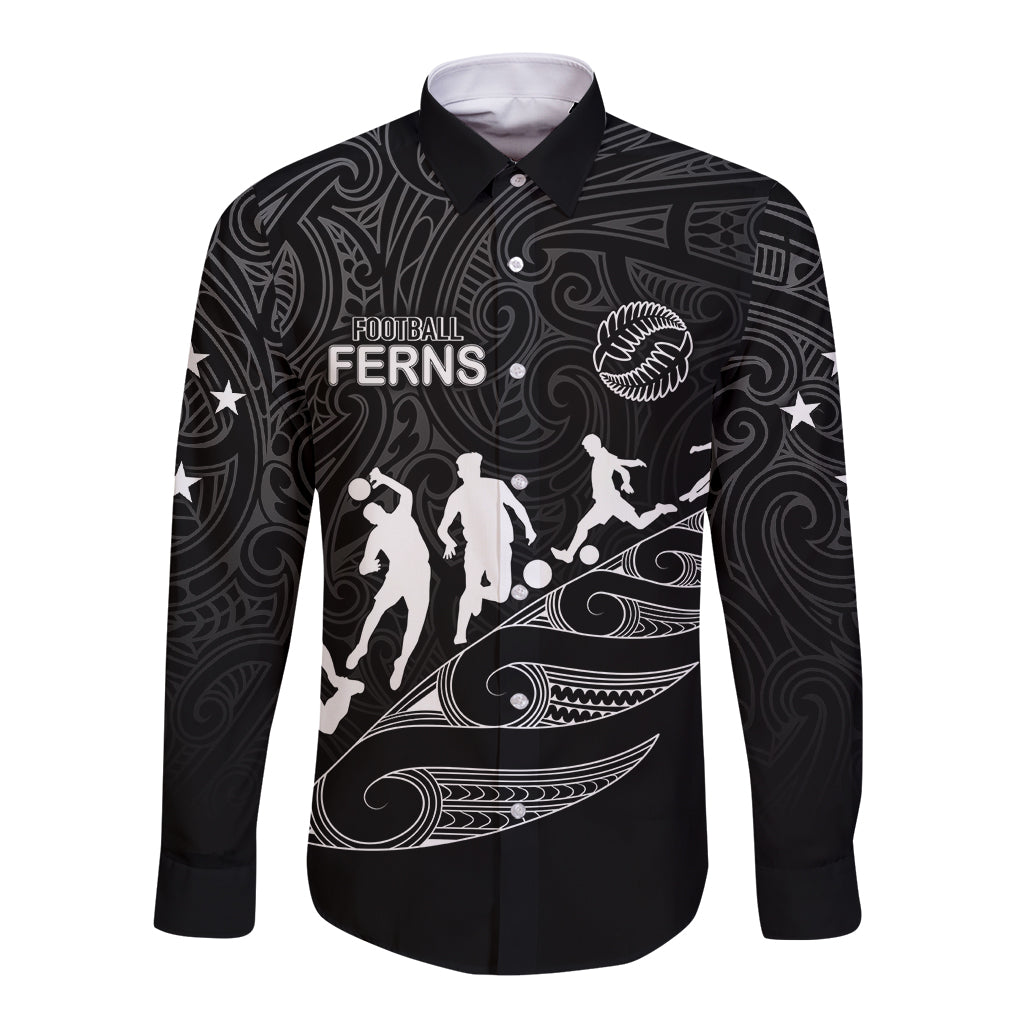 Personalised New Zealand Football Ferns Long Sleeve Button Shirt Women's World Cup 2023 Tribal Koru Pattern LT7 Unisex Black - Polynesian Pride