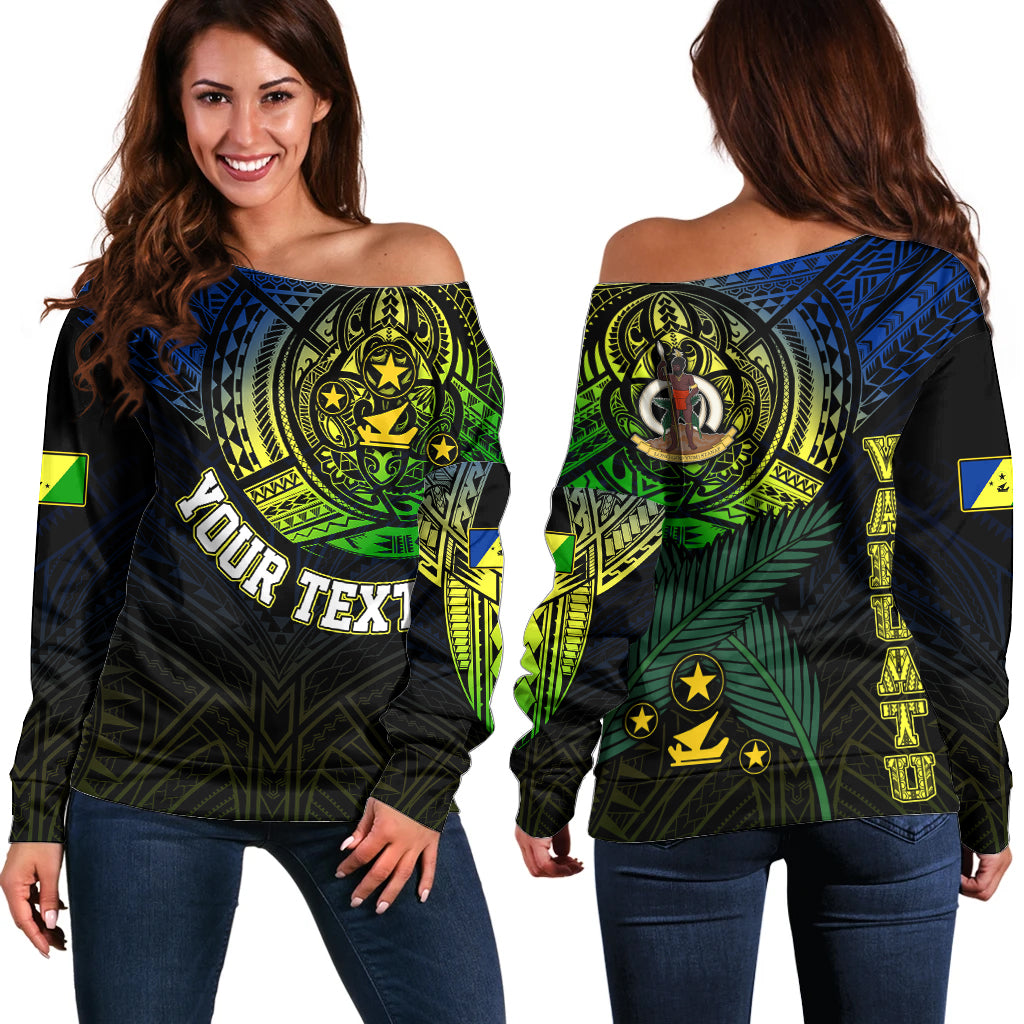Personalised Vanuatu Off Shoulder Sweater Turtle Chest Tattoo Flag Color - Malampa LT7 Women Black - Polynesian Pride