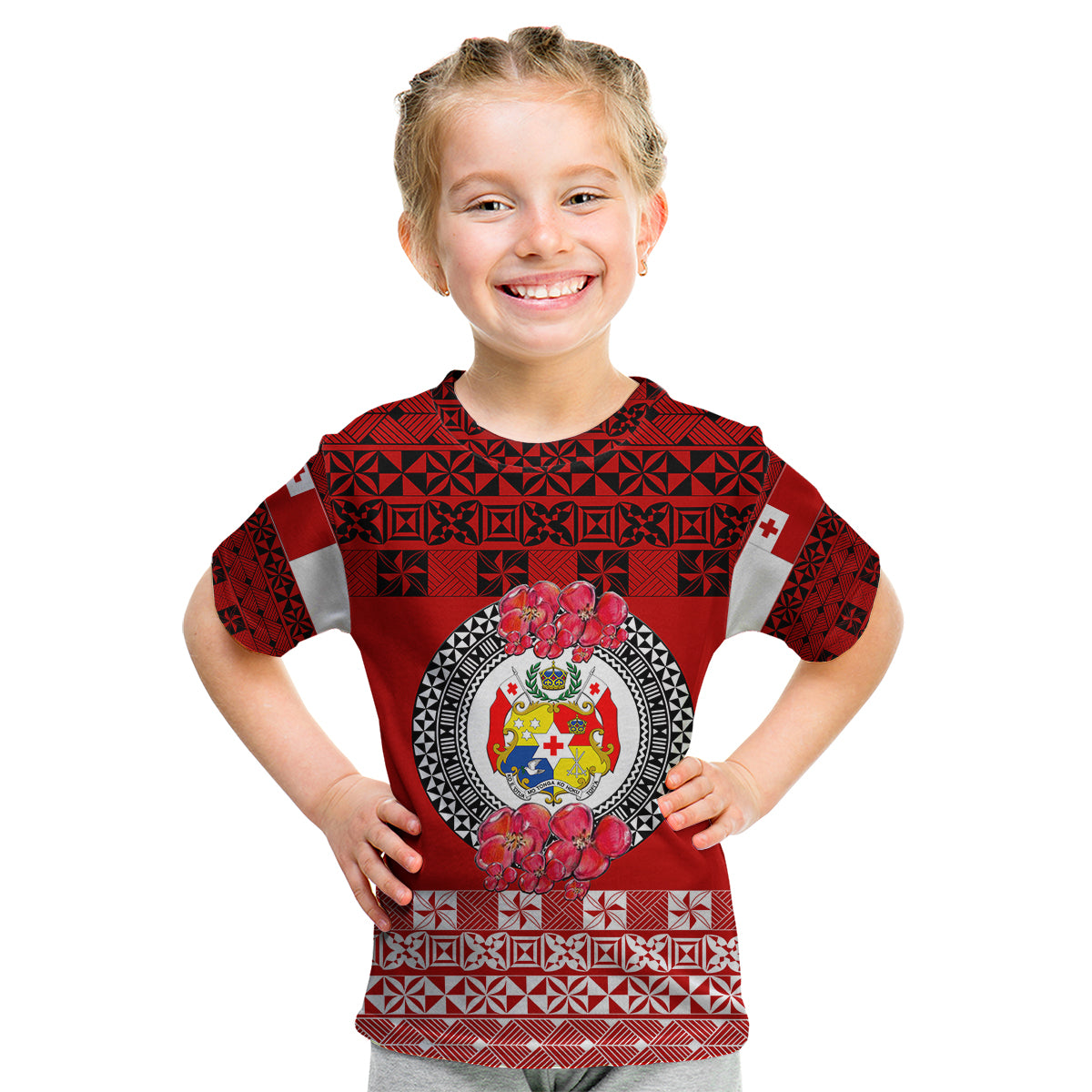 (Custom Personalised) Tonga Emancipation Day Kid T Shirt Independence Day - Simple Ngatu Heilala Flower - Red LT8 Youth XL Size14 - Polynesian Pride