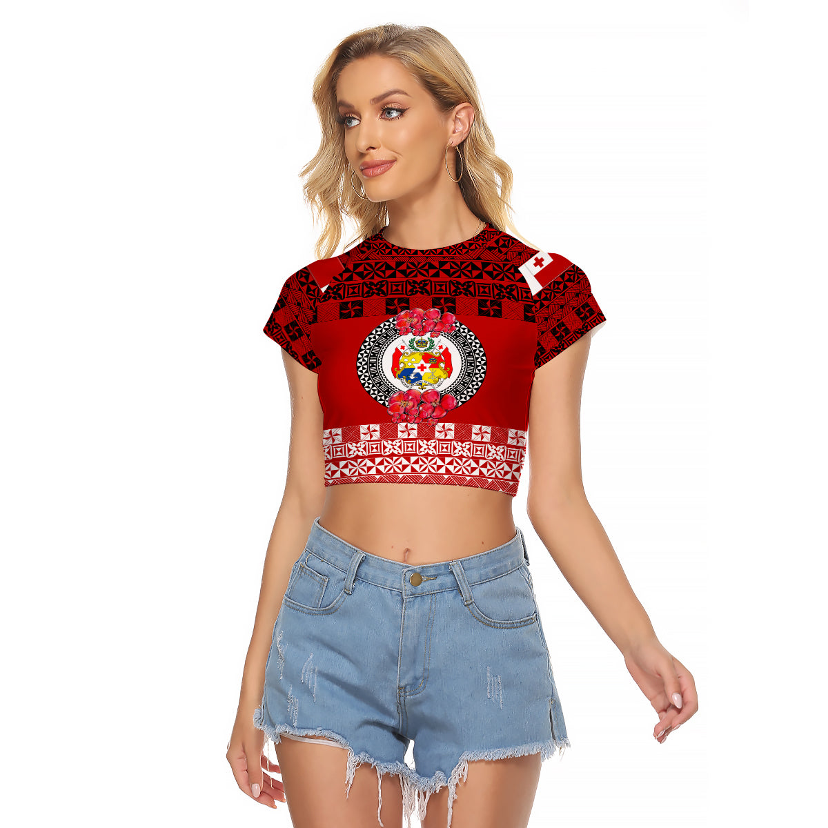 (Custom Personalised) Tonga Emancipation Day Raglan Cropped T Shirt Independence Day - Simple Ngatu Heilala Flower - Red LT8 Female Red - Polynesian Pride