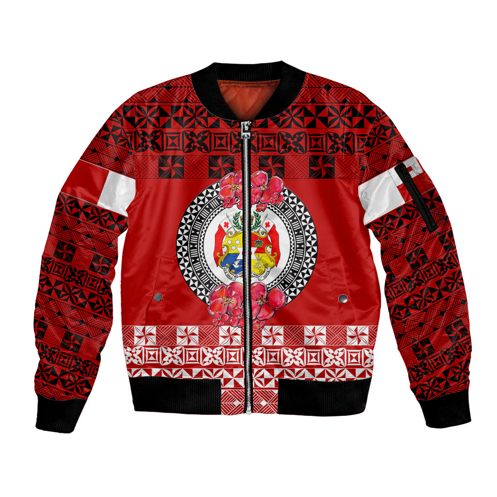 (Custom Personalised) Tonga Emancipation Day Sleeve Zip Bomber Jacket Independence Day - Simple Ngatu Heilala Flower - Red LT8 Unisex Red - Polynesian Pride