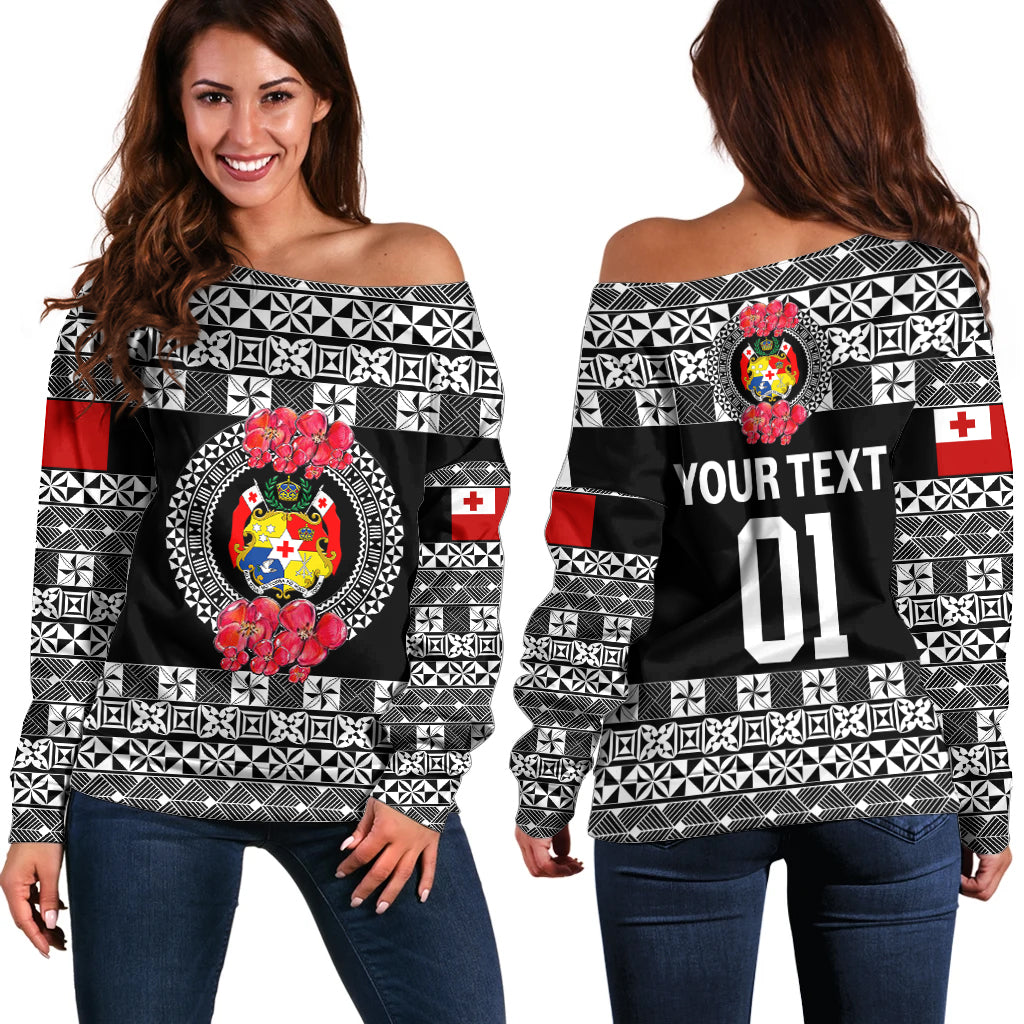 (Custom Personalised) Tonga Emancipation Day Off Shoulder Sweater Independence Day - Simple Ngatu Heilala Flower - Black LT8 Women Black - Polynesian Pride