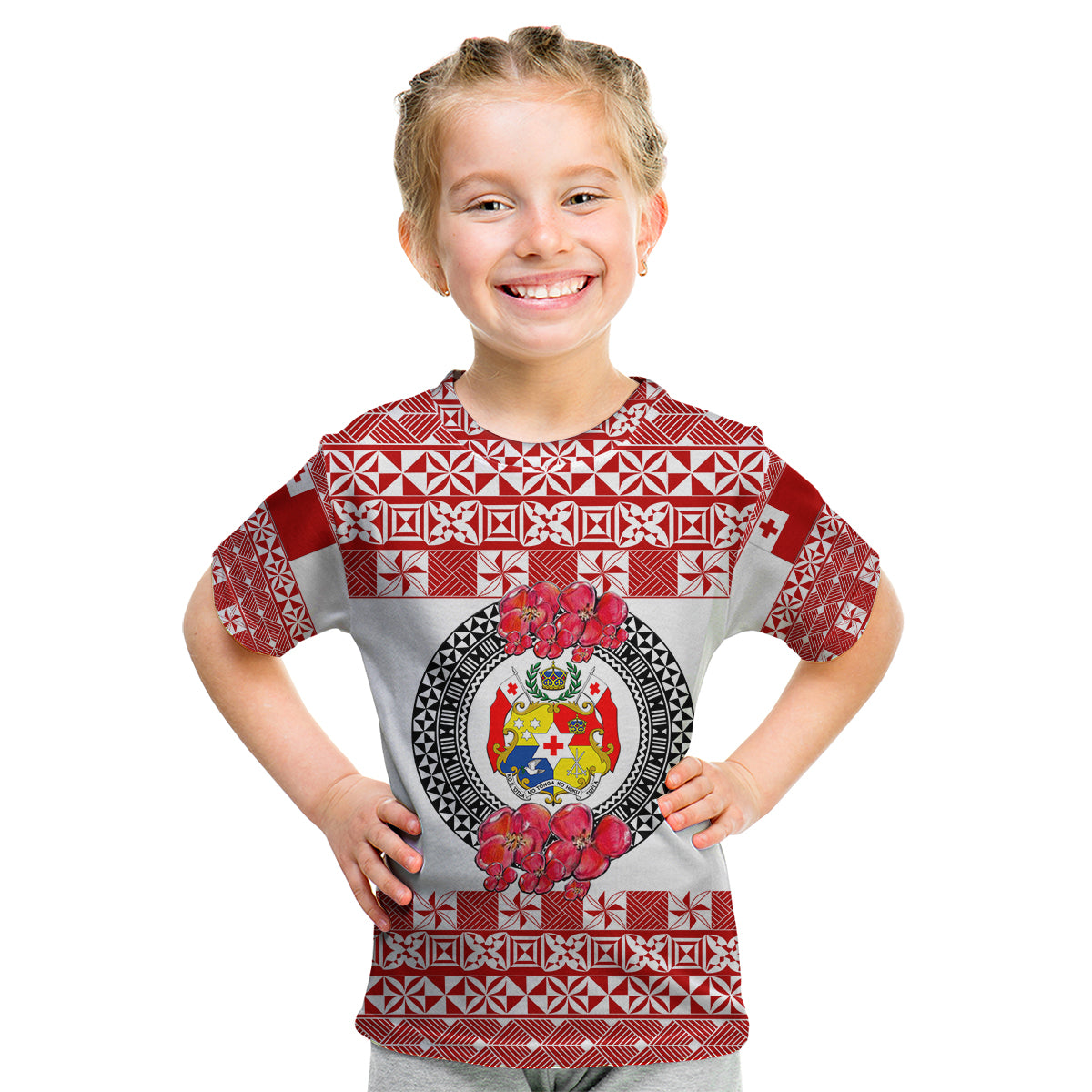 (Custom Personalised) Tonga Emancipation Day Kid T Shirt Independence Day - Simple Ngatu Heilala Flower - White Red LT8 Youth XL Size14 - Polynesian Pride