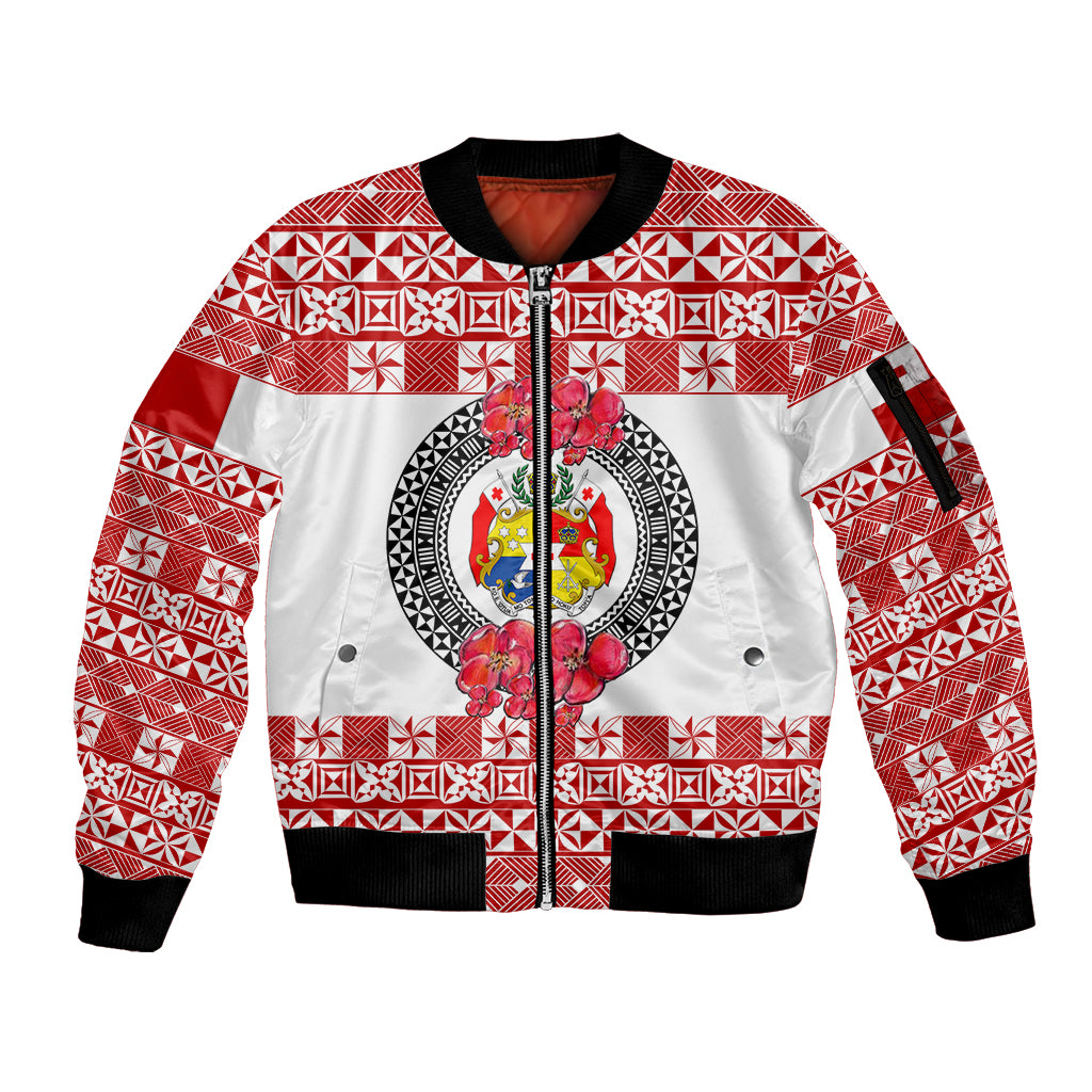 (Custom Personalised) Tonga Emancipation Day Sleeve Zip Bomber Jacket Independence Day - Simple Ngatu Heilala Flower - White Red LT8 Unisex Red - Polynesian Pride